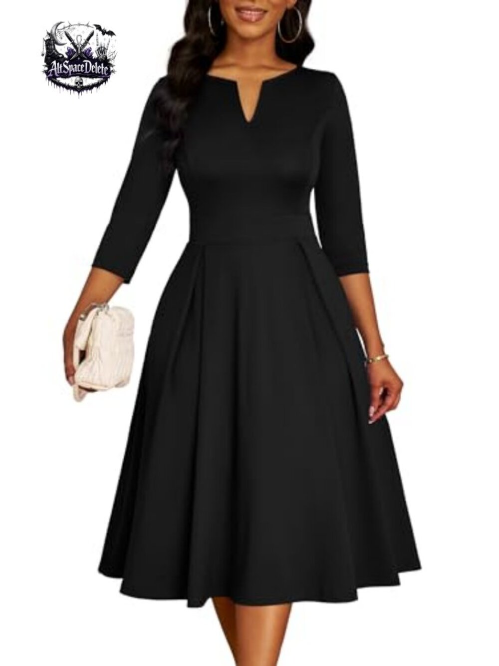 Womens Midi Fit Flare Dress 3/4 Sleeve V-Neck A-Line Work Church Casual